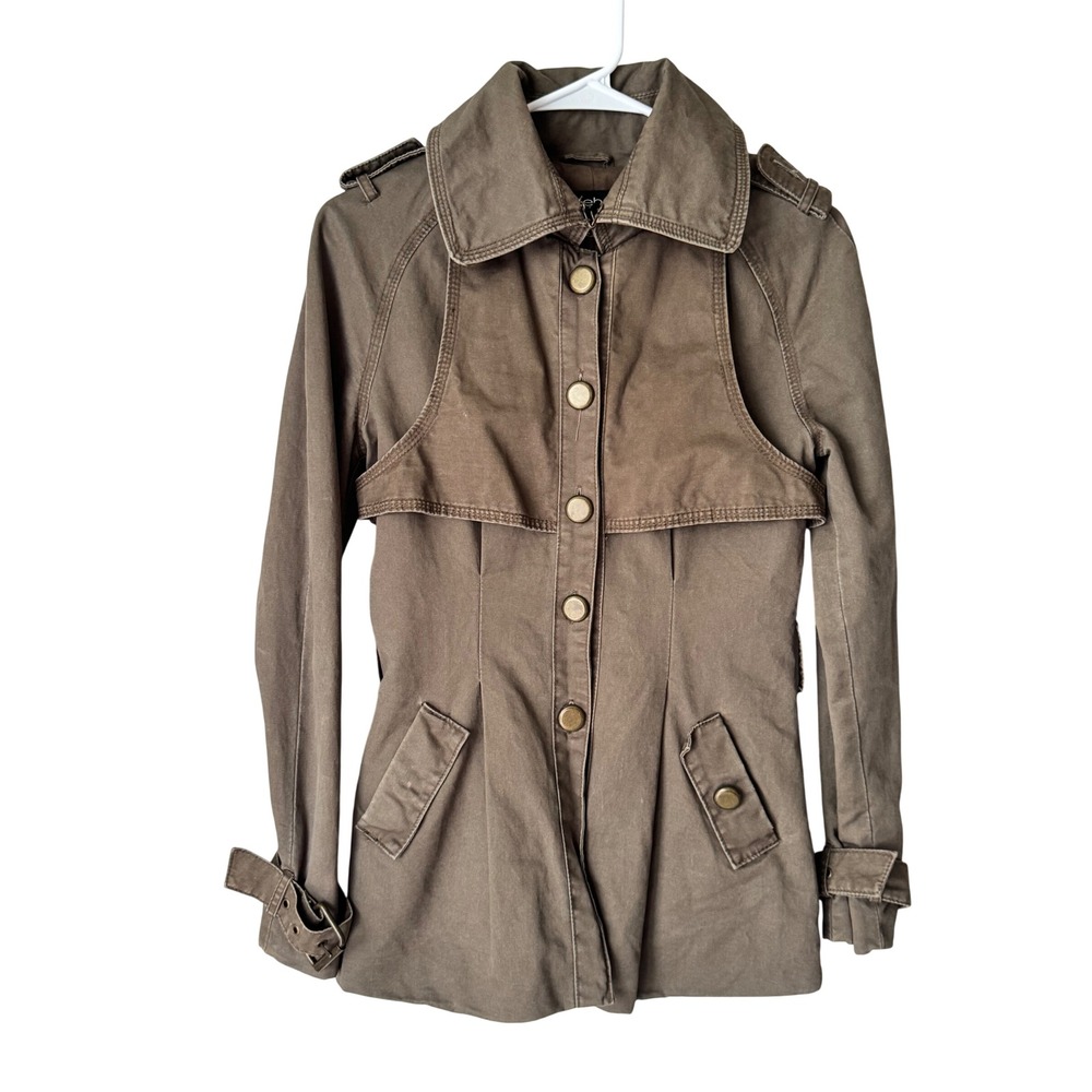 Bebe Brown Cotton Military Trench Jacket Button Front Utility Coat Size XS